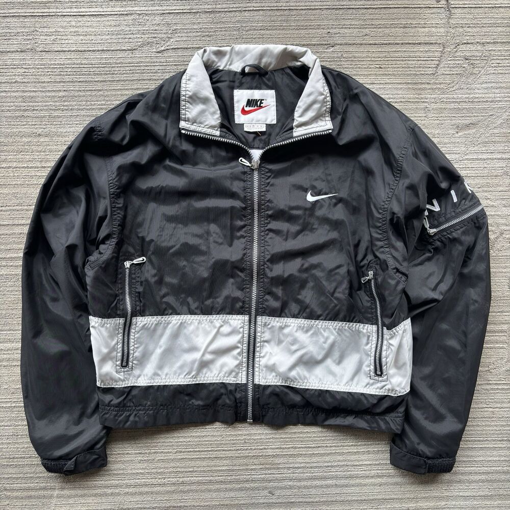 Nike Windbreaker Jacket Black White Swoosh Women's Small VTG y2k striped 90's